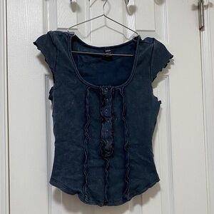 SHEIN Dark Blue Ruffle Blouse